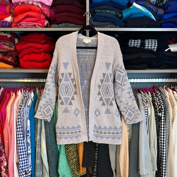 Love Riche gray/blue print long sleeve open front cardigan size S - Picture 1 of 3